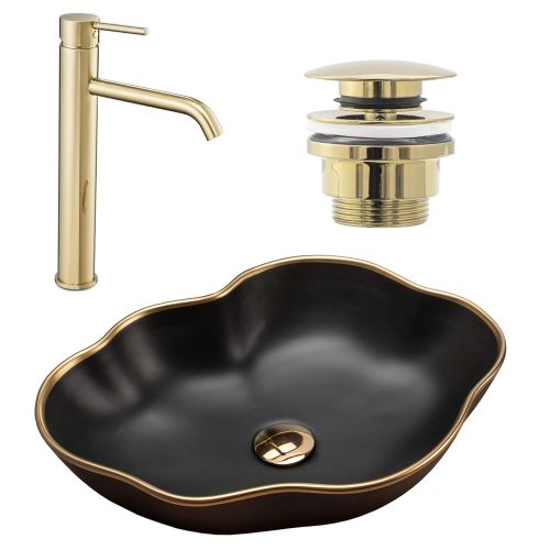 Komplektas Kriauklė stalviršio Pearl black matt gold edge + Maišytuvas vonios kambario Lungo l.gold + Kamštienos l.gold
